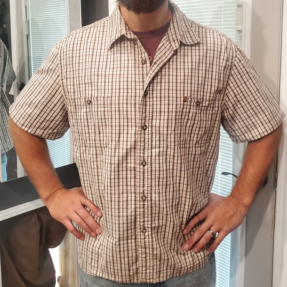 GH Bass Earths Men Casual Shirt Brown and Cream Plaid Short Sleeve Size XXL